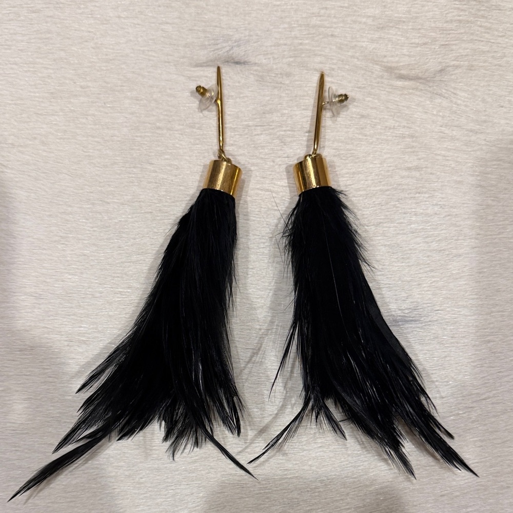 Black Feather Tassel Drop Earrings with Gold Accents